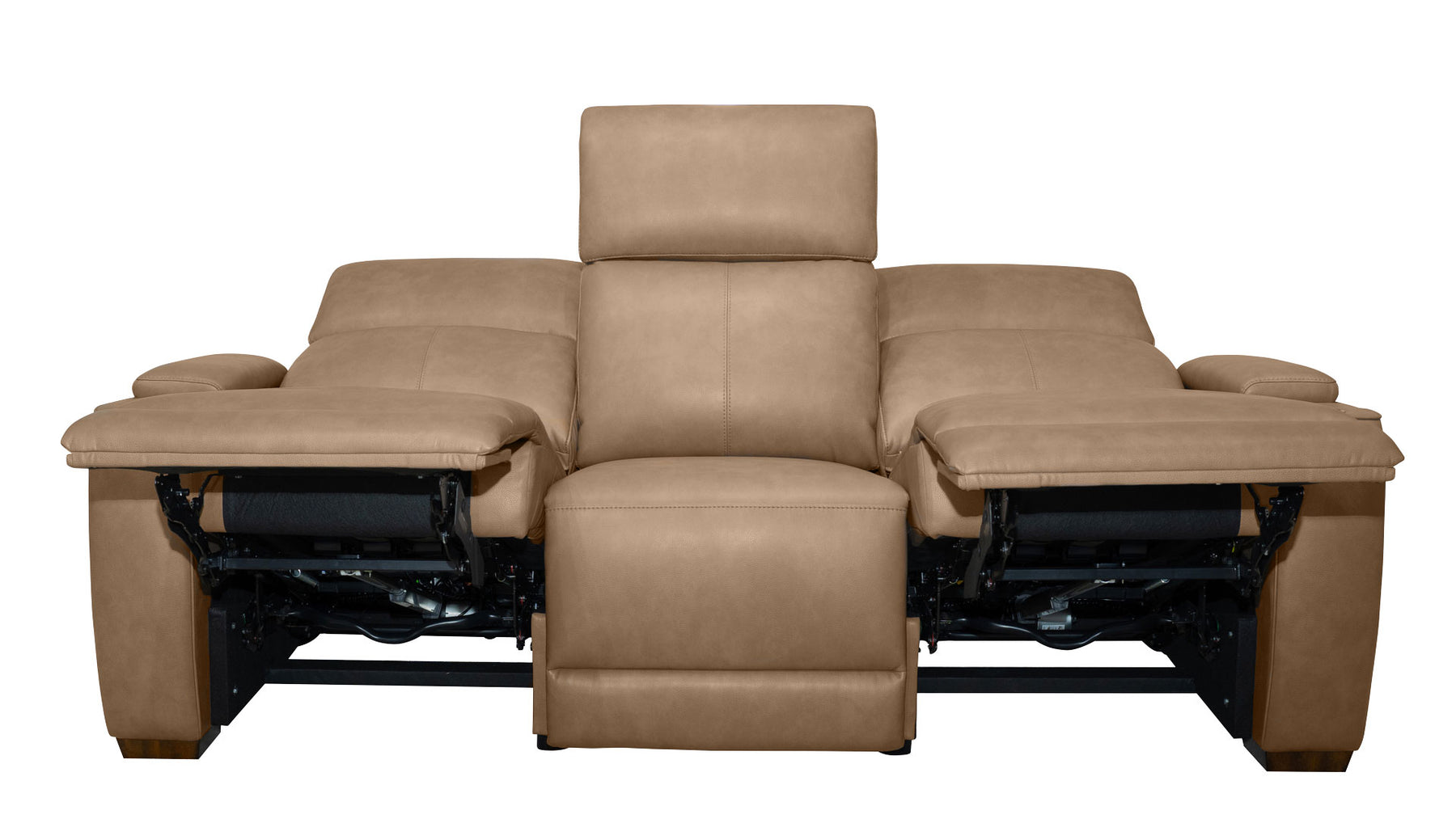 A three-seat reclining sofa in tan leather, shown with both outer armrests extended and the center seat cushion lowered, revealing the black mechanical support frame underneath.