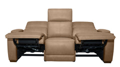 A three-seat reclining sofa in tan leather, shown with both outer armrests extended and the center seat cushion lowered, revealing the black mechanical support frame underneath.
