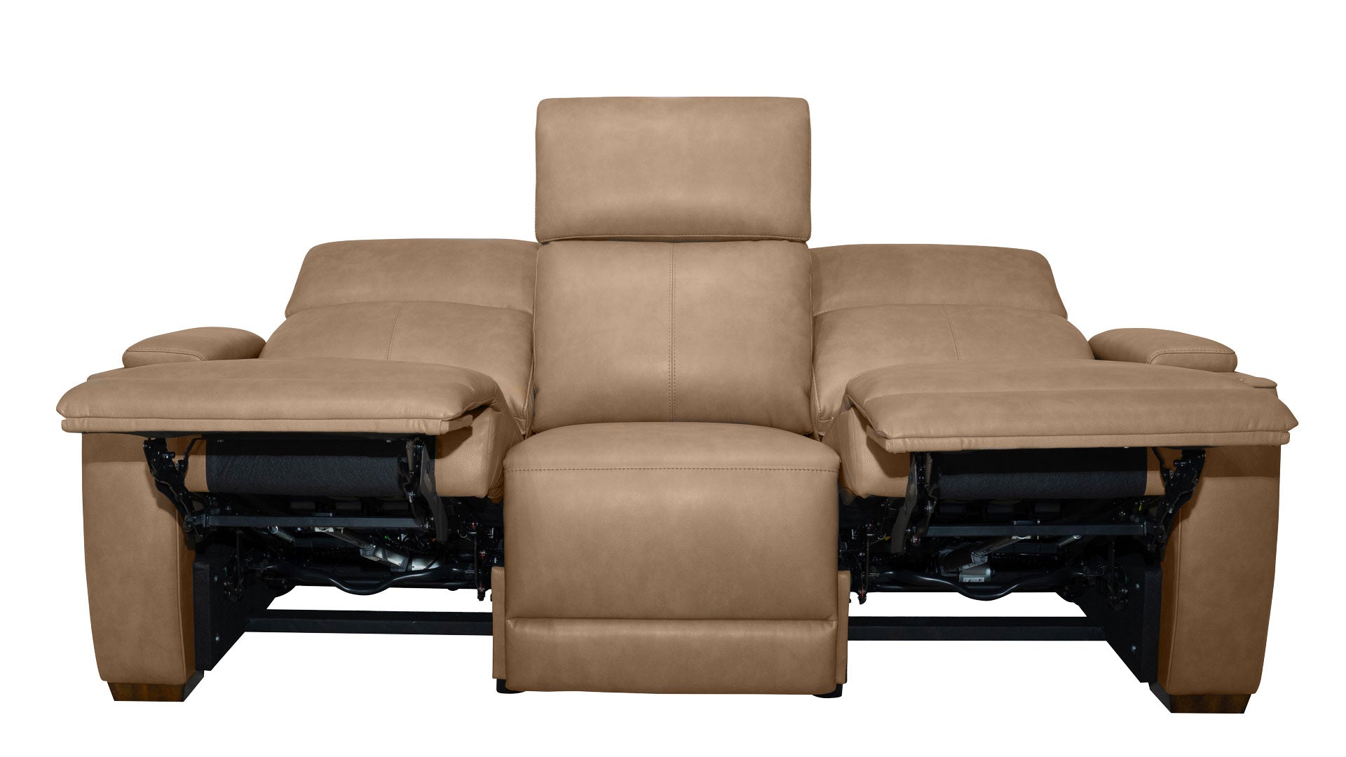 A three-seat reclining sofa in tan leather, shown with both outer armrests extended and the center seat cushion lowered, revealing the black mechanical support frame underneath.