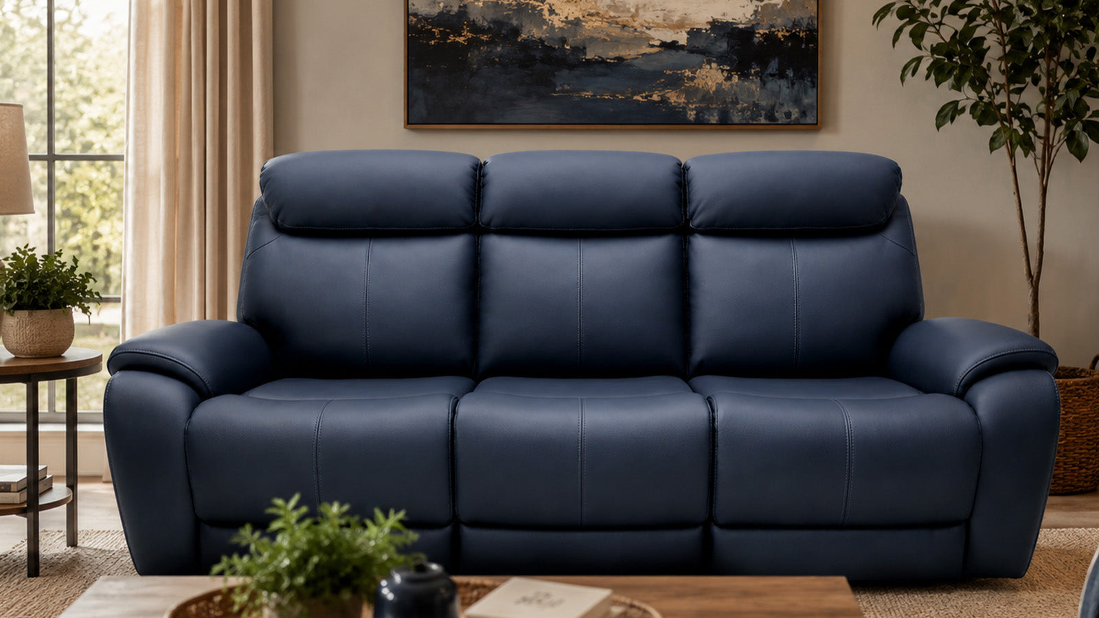 Sofá de cuero azul en un salón con elementos decorativos.