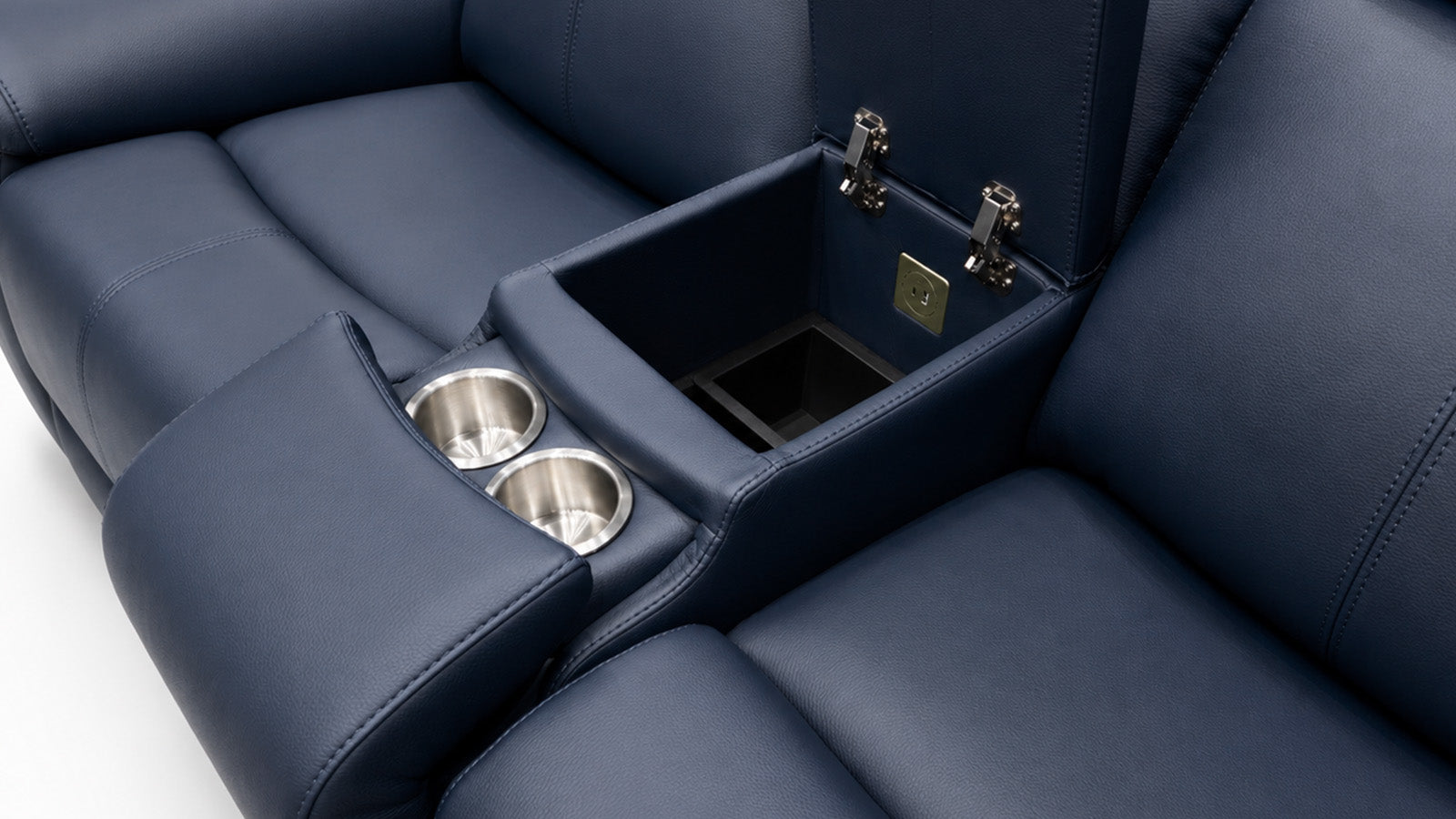 Blue love seat with cup holders and storage compartment on a white background