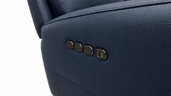 Close-up of a blue leather seat with control buttons on a white background