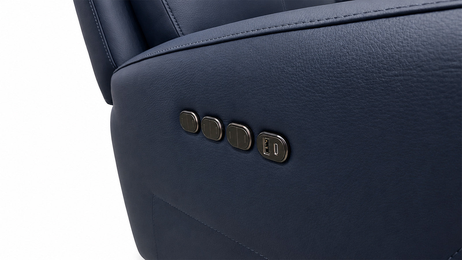 Close-up of a blue leather seat with control buttons on a white background