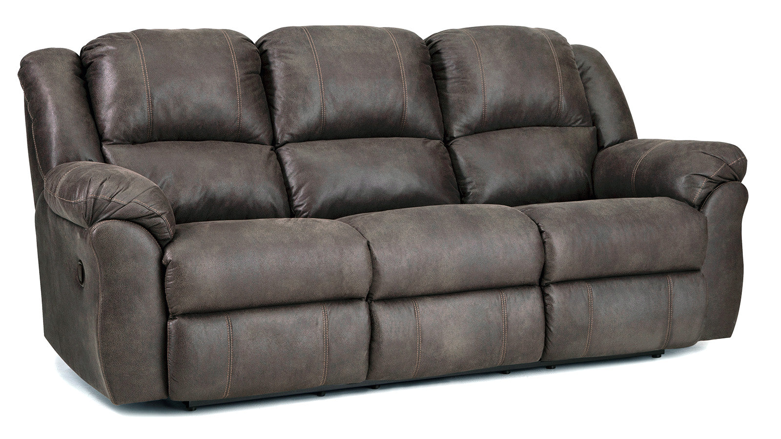 A brown Tumbleweed Manual Reclining Sofa with plush cushions, in a contemporary style, fully reclined.