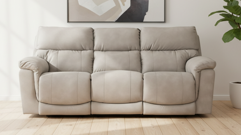 Beige sofa in a room with a plant and abstract art on the wall