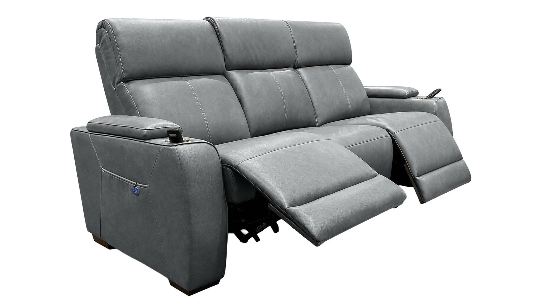 A gray leather reclining sofa with two extended footrests, shown on a plain white background.