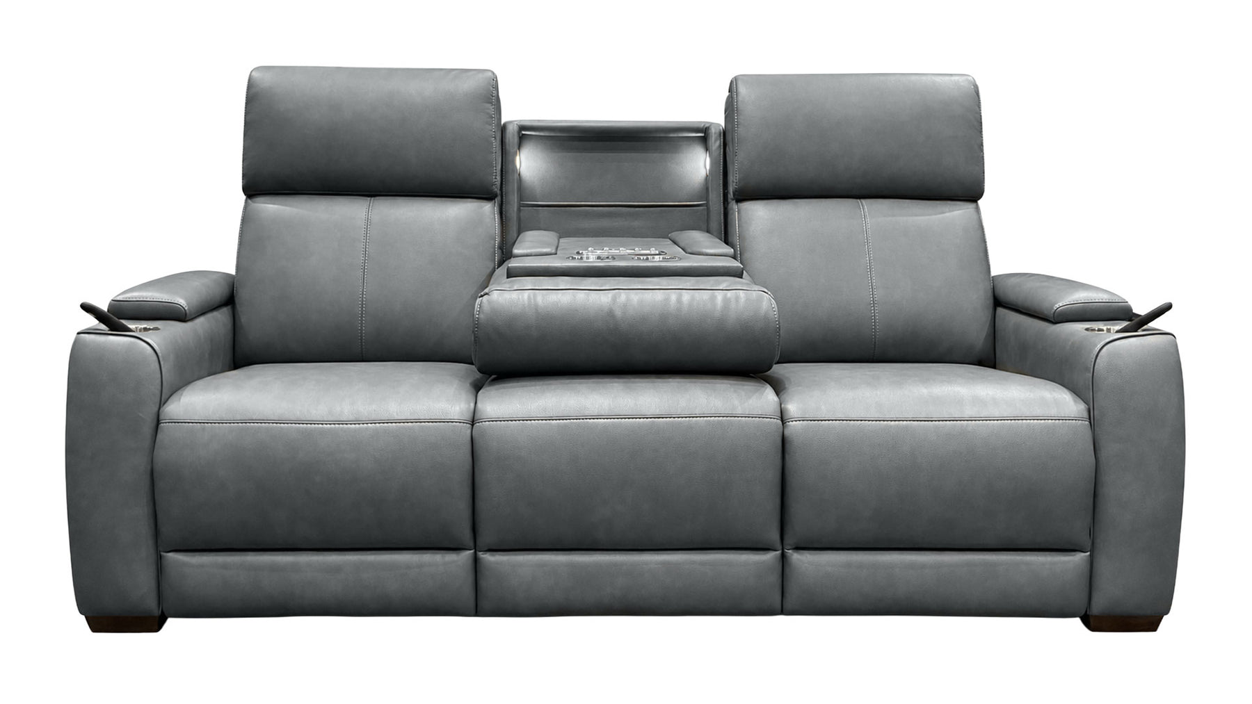 A gray leather reclining loveseat with a center console table, featuring two high backrests and a central armrest between them, shown against a plain white background.