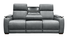 A gray leather reclining loveseat with a center console table, featuring two high backrests and a central armrest between them, shown against a plain white background.