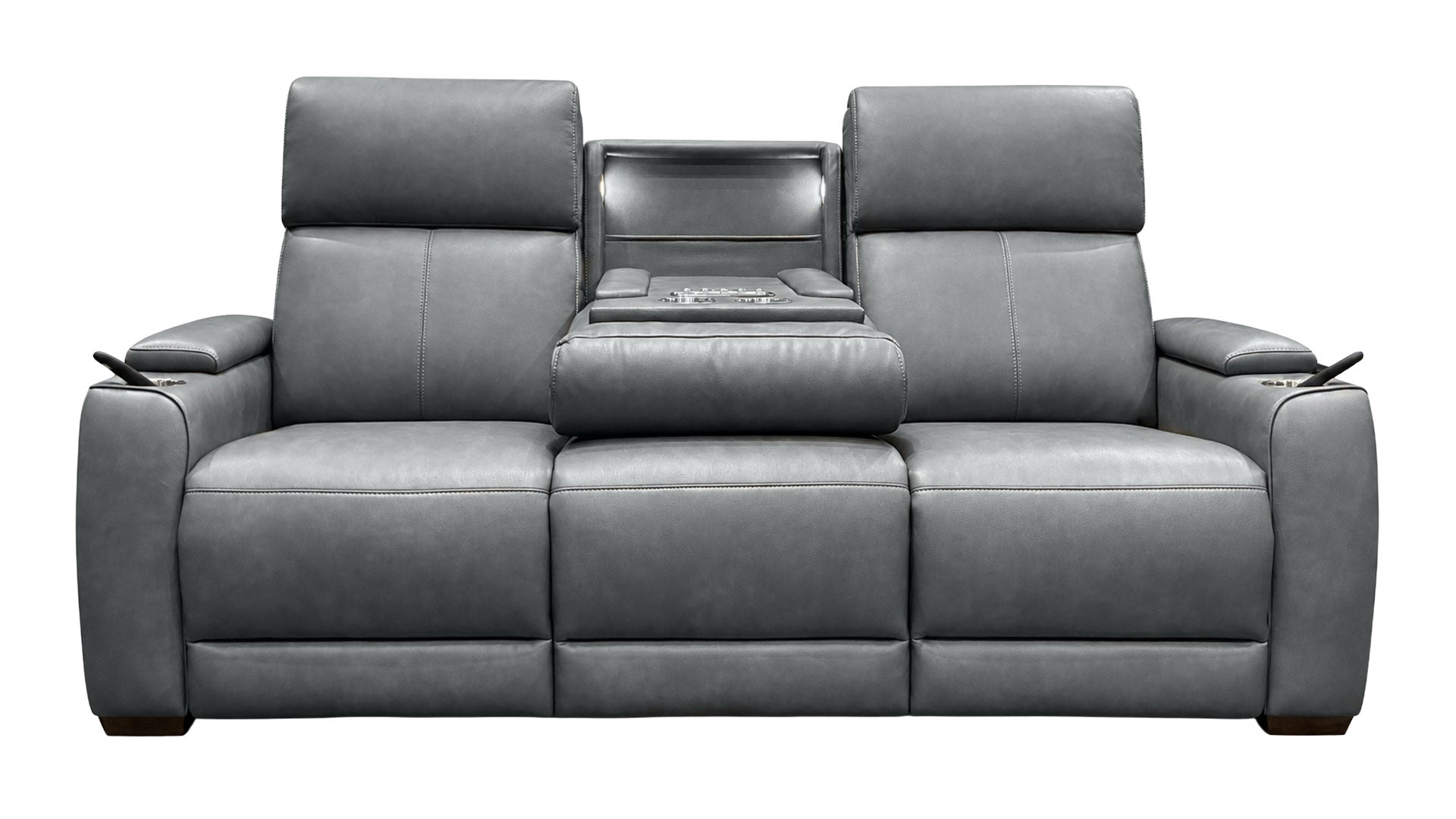 A gray leather reclining loveseat with a center console table, featuring two high backrests and a central armrest between them, shown against a plain white background.