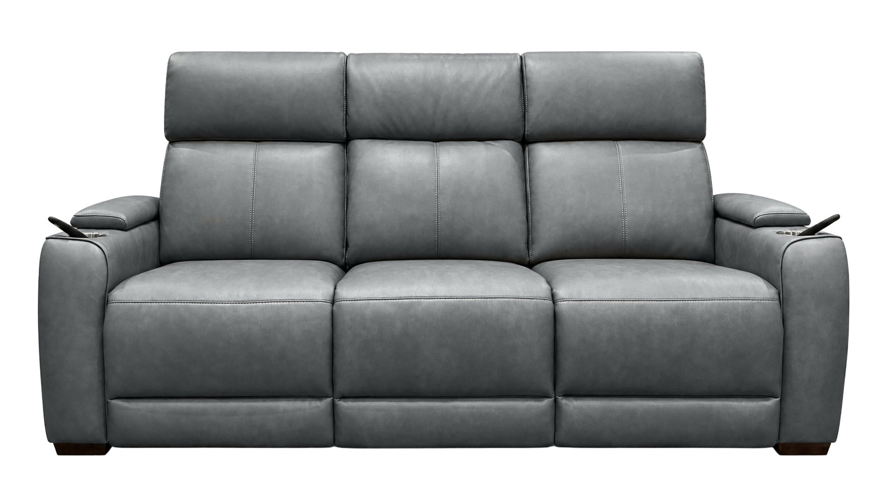 A three-seat gray upholstered reclining sofa with padded backrests, wide armrests, and side cup holders, shown against a plain white background.