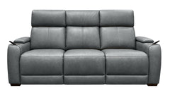 A three-seat gray upholstered reclining sofa with padded backrests, wide armrests, and side cup holders, shown against a plain white background.