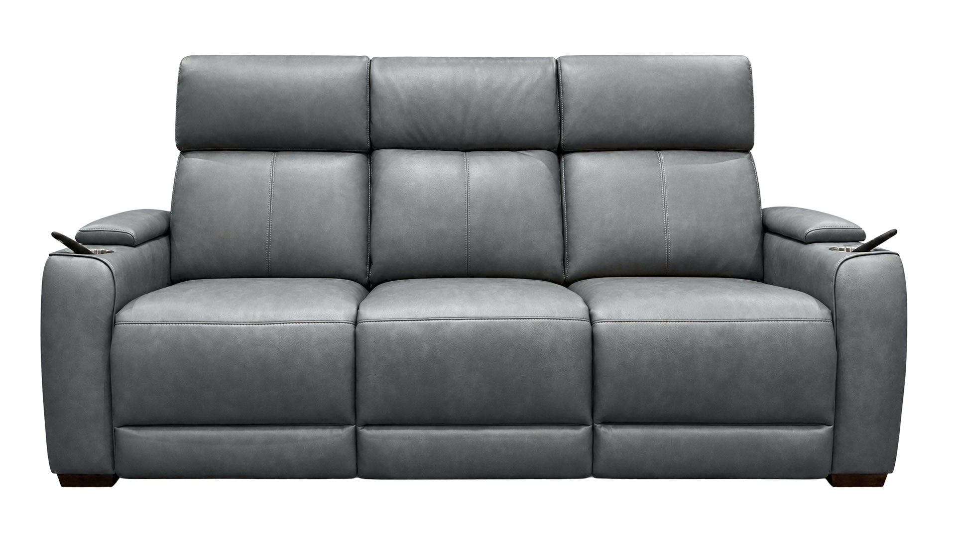 A three-seat gray upholstered reclining sofa with padded backrests, wide armrests, and side cup holders, shown against a plain white background.