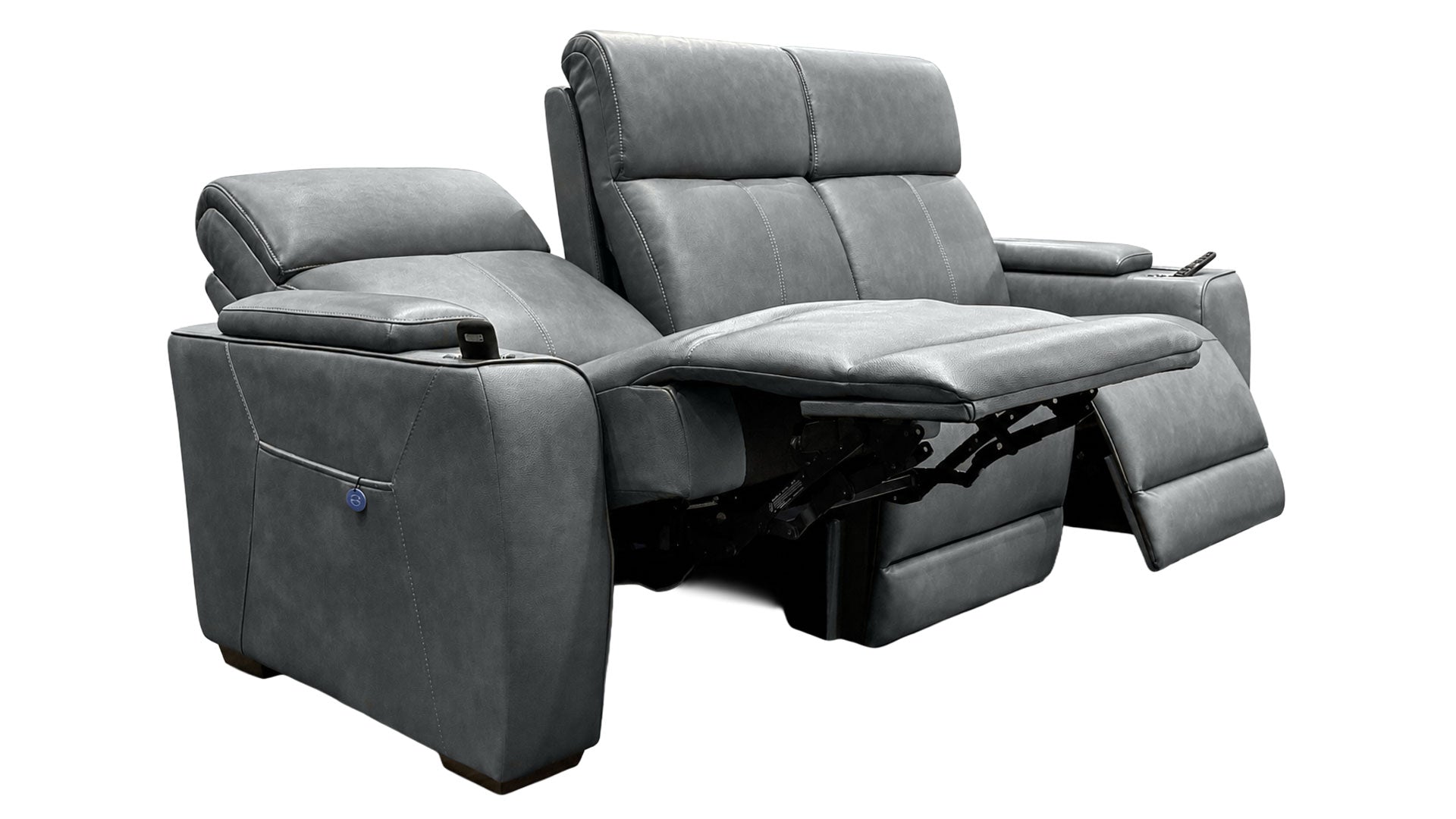 A gray leather reclining loveseat with two seats, one extended footrest, and a side armrest with a cup holder, shown on a white background.