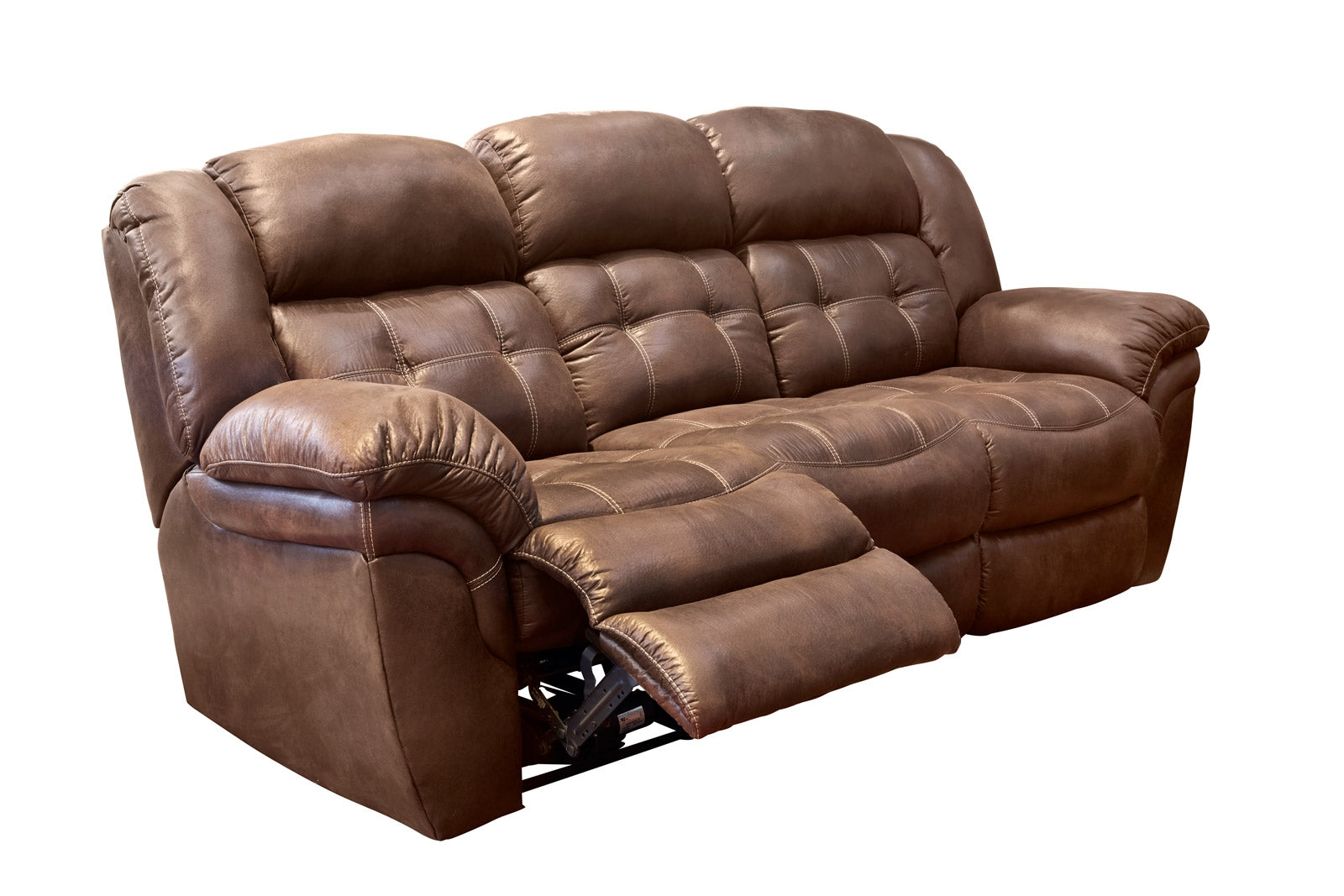 "Marcelina Espresso Sofa in Fully Reclined Position - Chaise Ottoman Extended"
