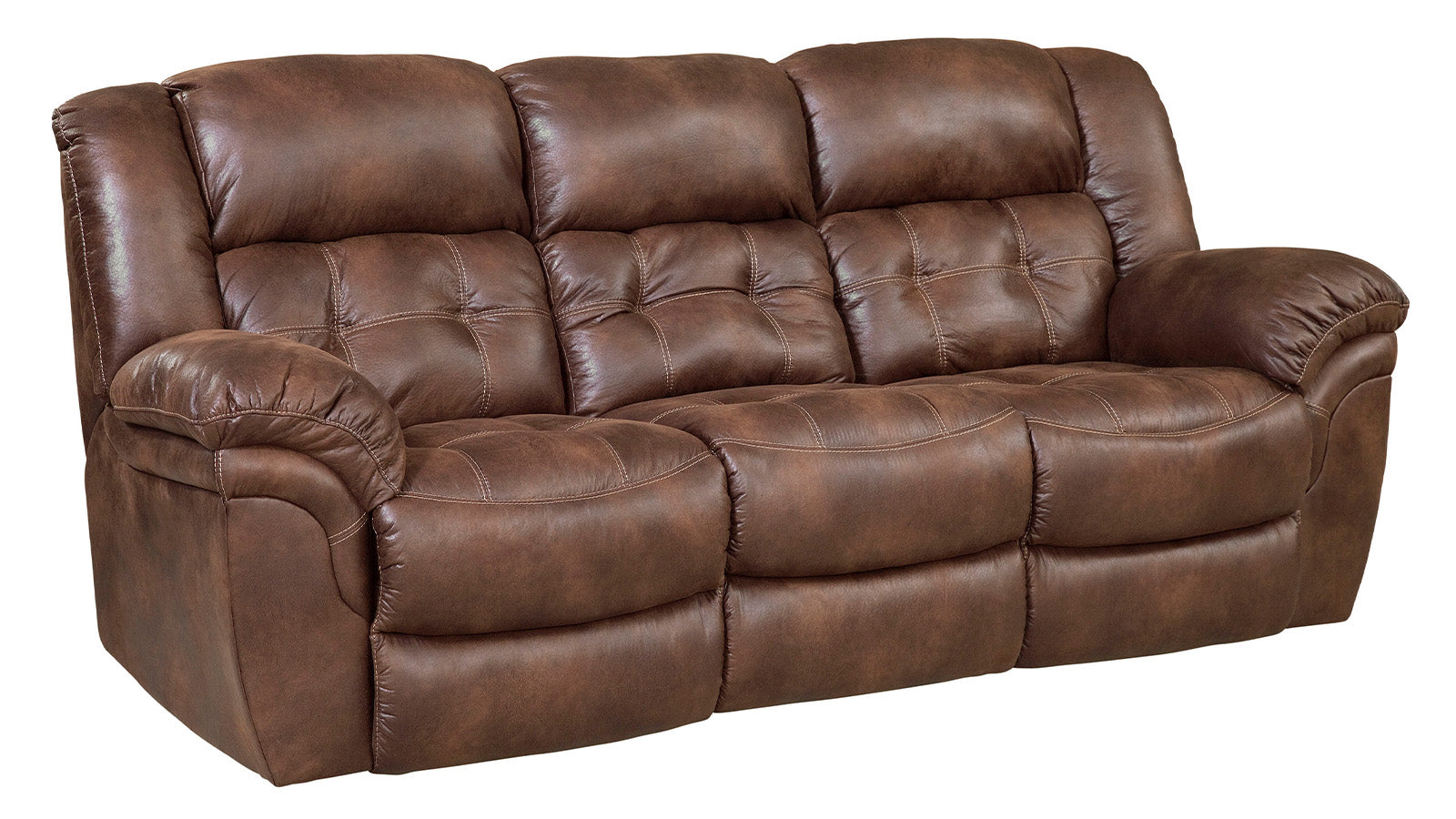 An espresso brown colored manual reclining sofa with a plush backrest and padded arms.