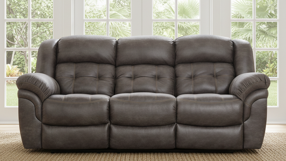 Gray leather sofa in a room with large windows