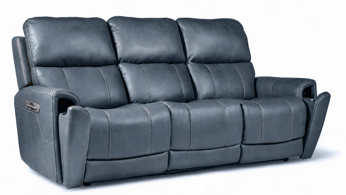 A three-seat reclining leather sofa in dark charcoal gray, shown from a three-quarter angle on a white background.