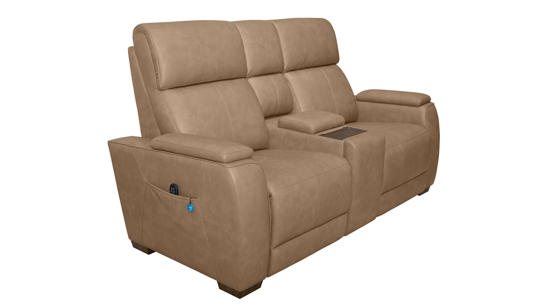 A tan leather reclining loveseat with a center console table and side pocket holding a remote, shown on a plain white background.