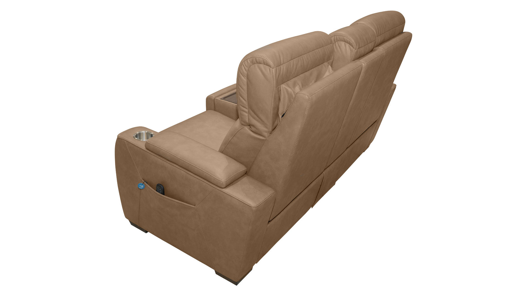 A tan upholstered reclining loveseat or theater seat shown from an elevated side angle on a plain white background.