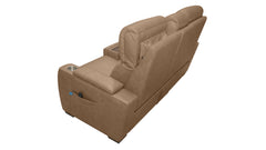 A tan upholstered reclining loveseat or theater seat shown from an elevated side angle on a plain white background.