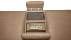 Close-up of a beige leather vehicle seat backrest with an integrated center console featuring dual cup holders, a dark wood panel, and a control panel with buttons.