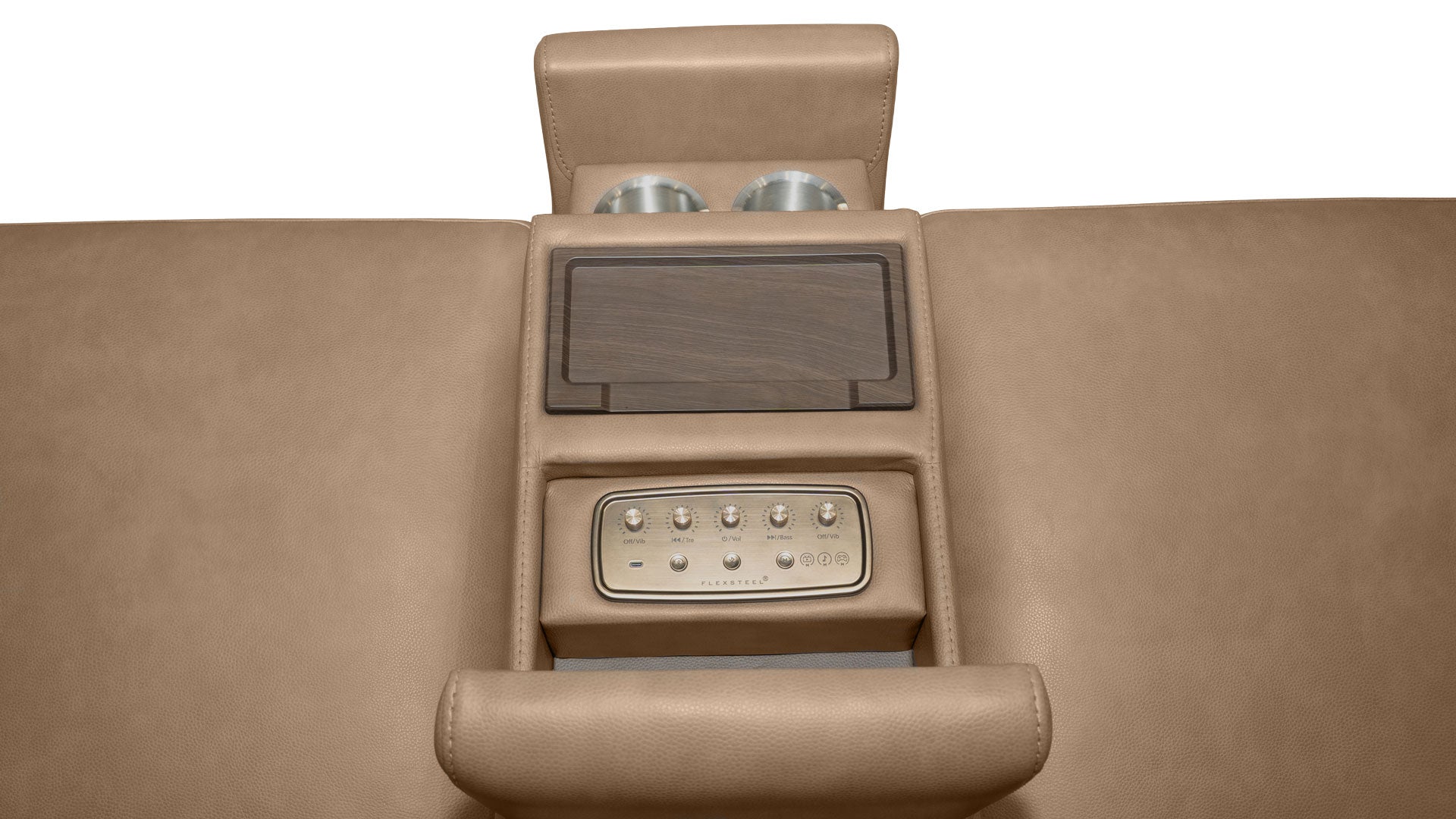 Close-up of a beige leather vehicle seat backrest with an integrated center console featuring dual cup holders, a dark wood panel, and a control panel with buttons.