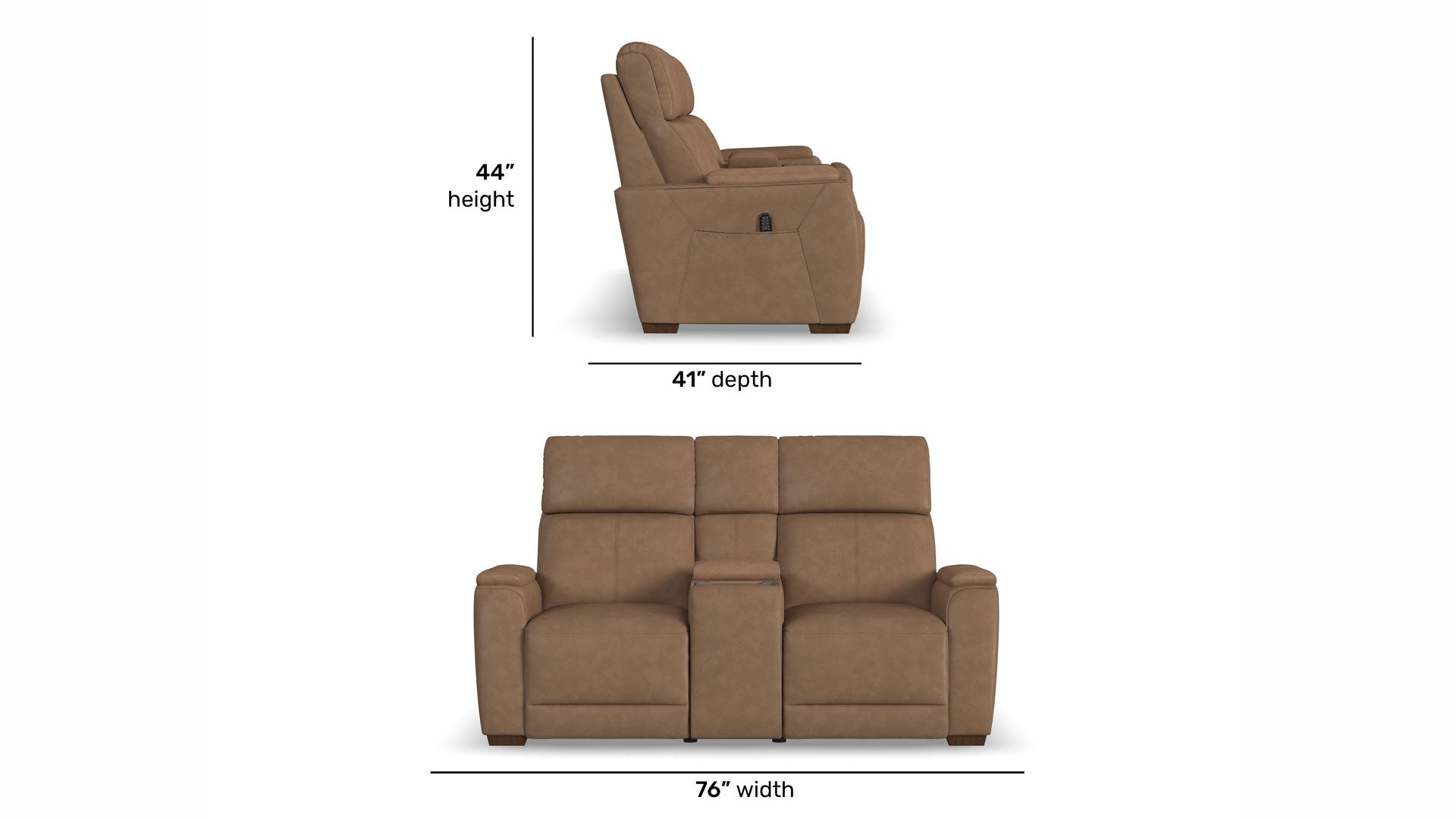 Brown upholstered reclining loveseat shown on a white background with dimension callouts indicating 44" height, 41" depth, and 76" width.