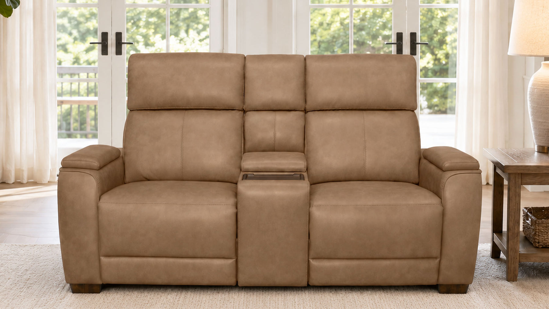 Mac Pulse P6 Tan Power Reclining Sofa with Immersive Sound | Performance Fabric | Gallery Furniture