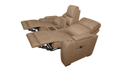 A two-seater recliner chair set upholstered in tan leather, shown with both seats reclined and extended. The set includes a center console with cup holders and a control panel, photographed against a solid white background.