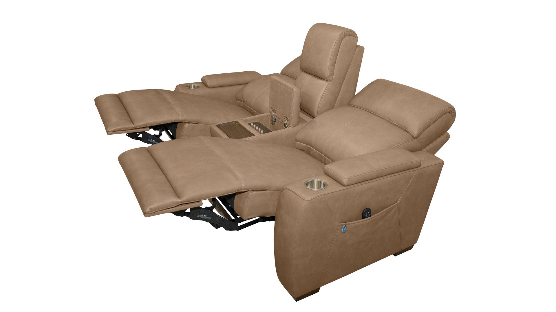 A two-seater recliner chair set upholstered in tan leather, shown with both seats reclined and extended. The set includes a center console with cup holders and a control panel, photographed against a solid white background.