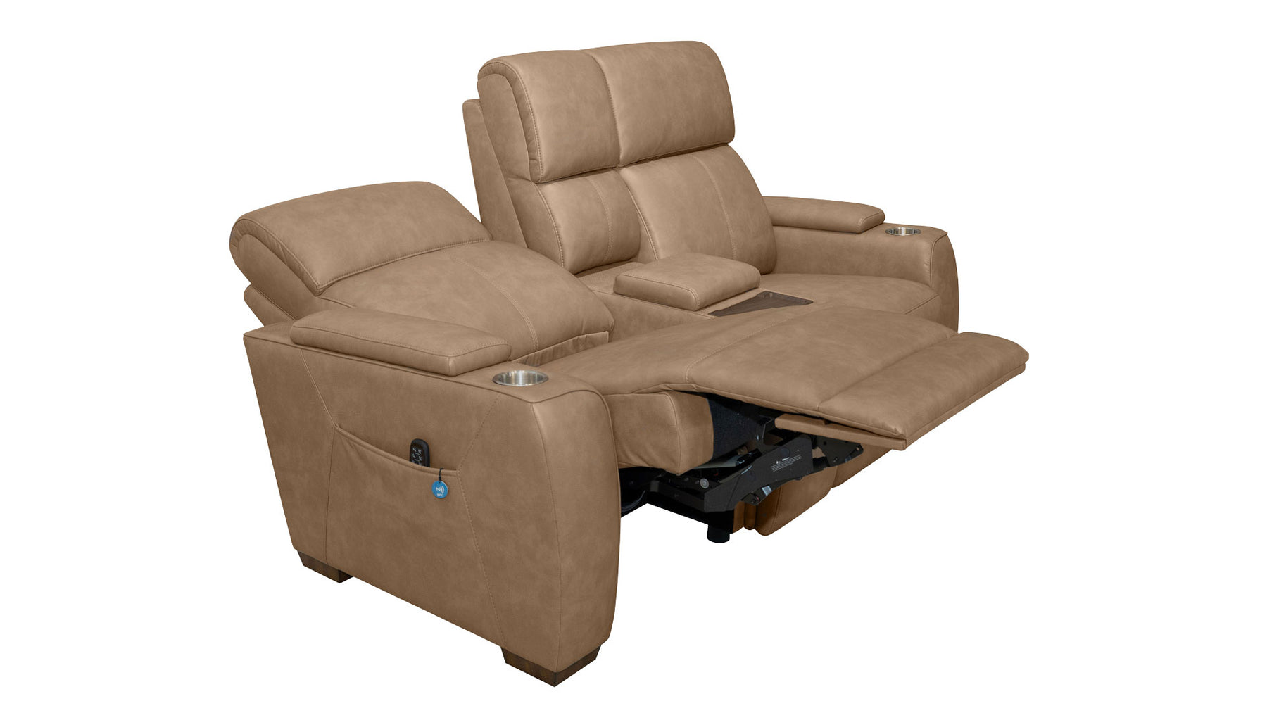 A tan leather recliner loveseat with two padded seats, shown with the right seat extended into a reclined position. The chair features a center console with a cup holder and a small side pocket on the left armrest, photographed against a solid white background.