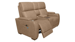A two-seater power reclining loveseat in taupe brown faux leather, with one seat reclined to show the extended footrest and side pocket with remote control, on a solid white background.