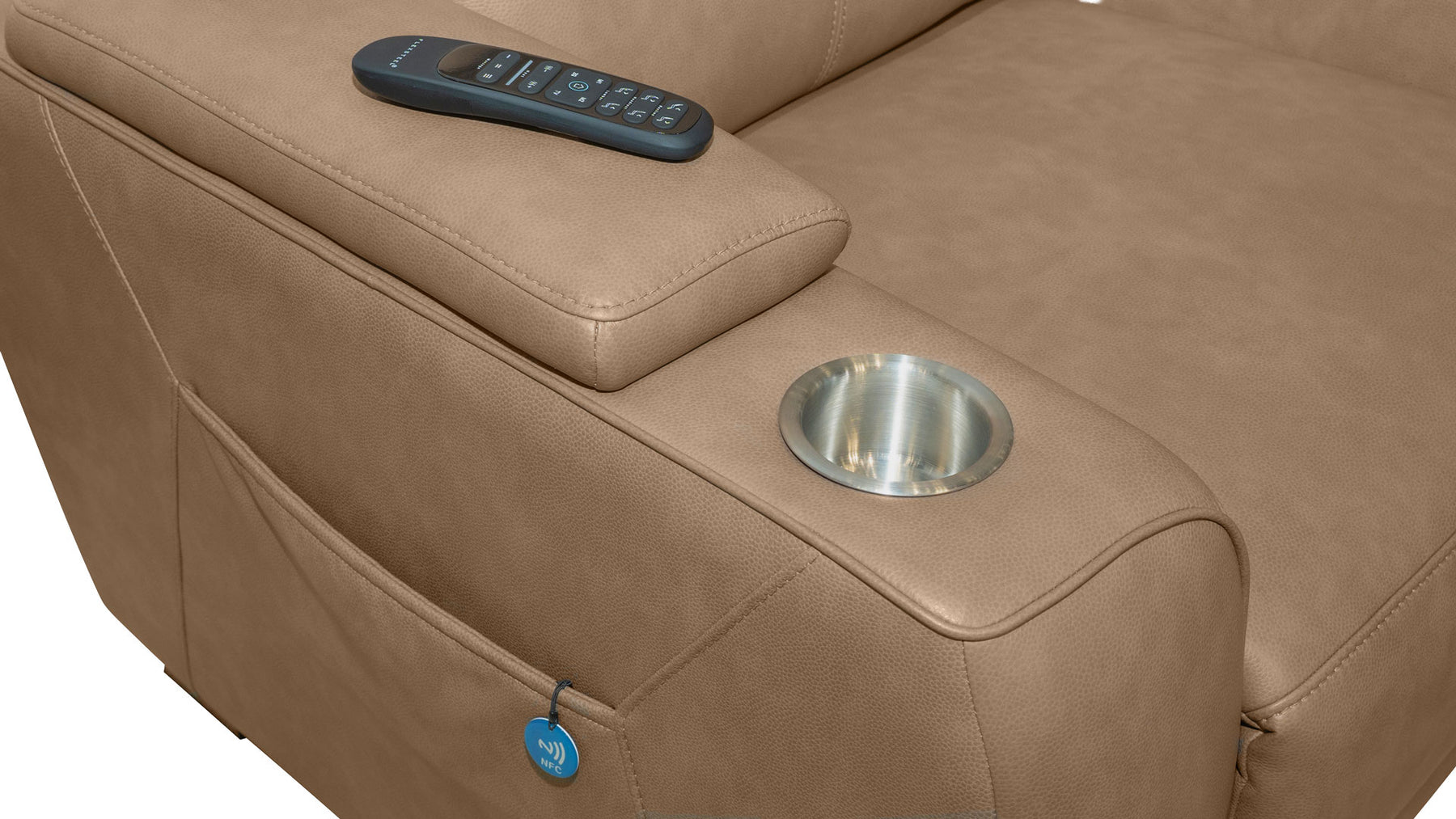 Mac Pulse P6 Tan Power Reclining Sofa with Immersive Sound | Performance Fabric | Gallery Furniture