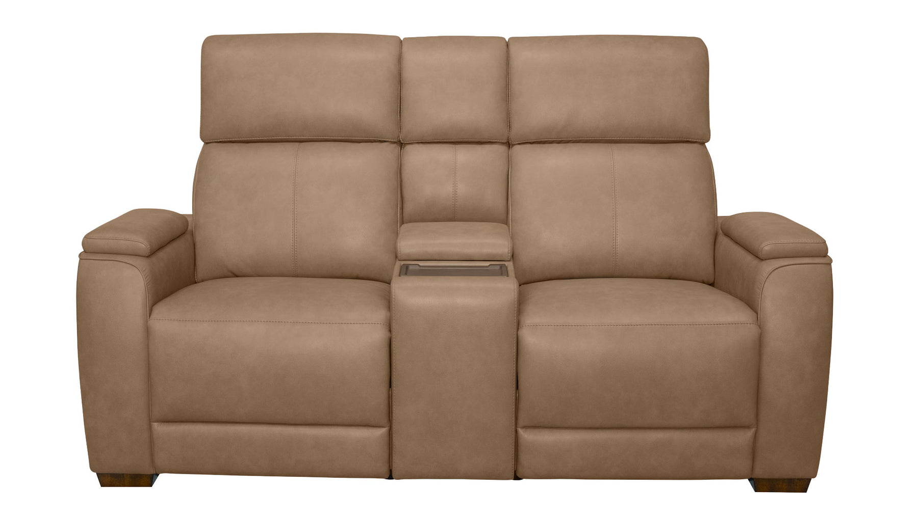 A three-seat reclining loveseat in a warm taupe-brown faux leather, featuring a center console table, isolated on a white background.