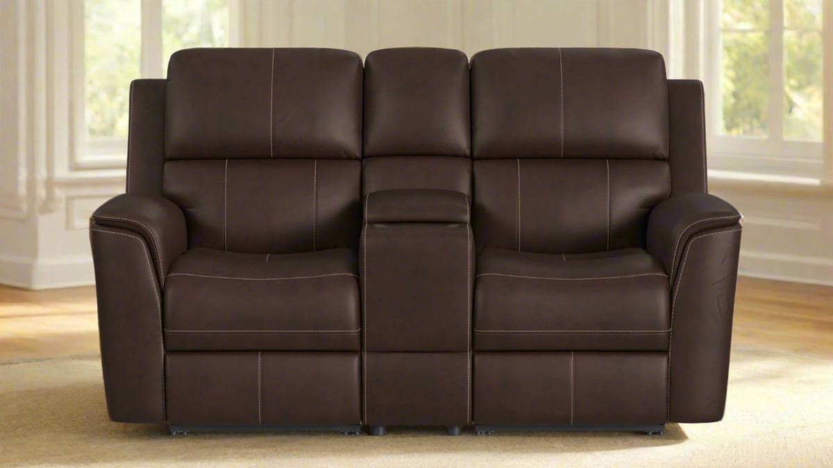 Big Spring Umber Brown Leather P3 Power Reclining Loveseat w/Console