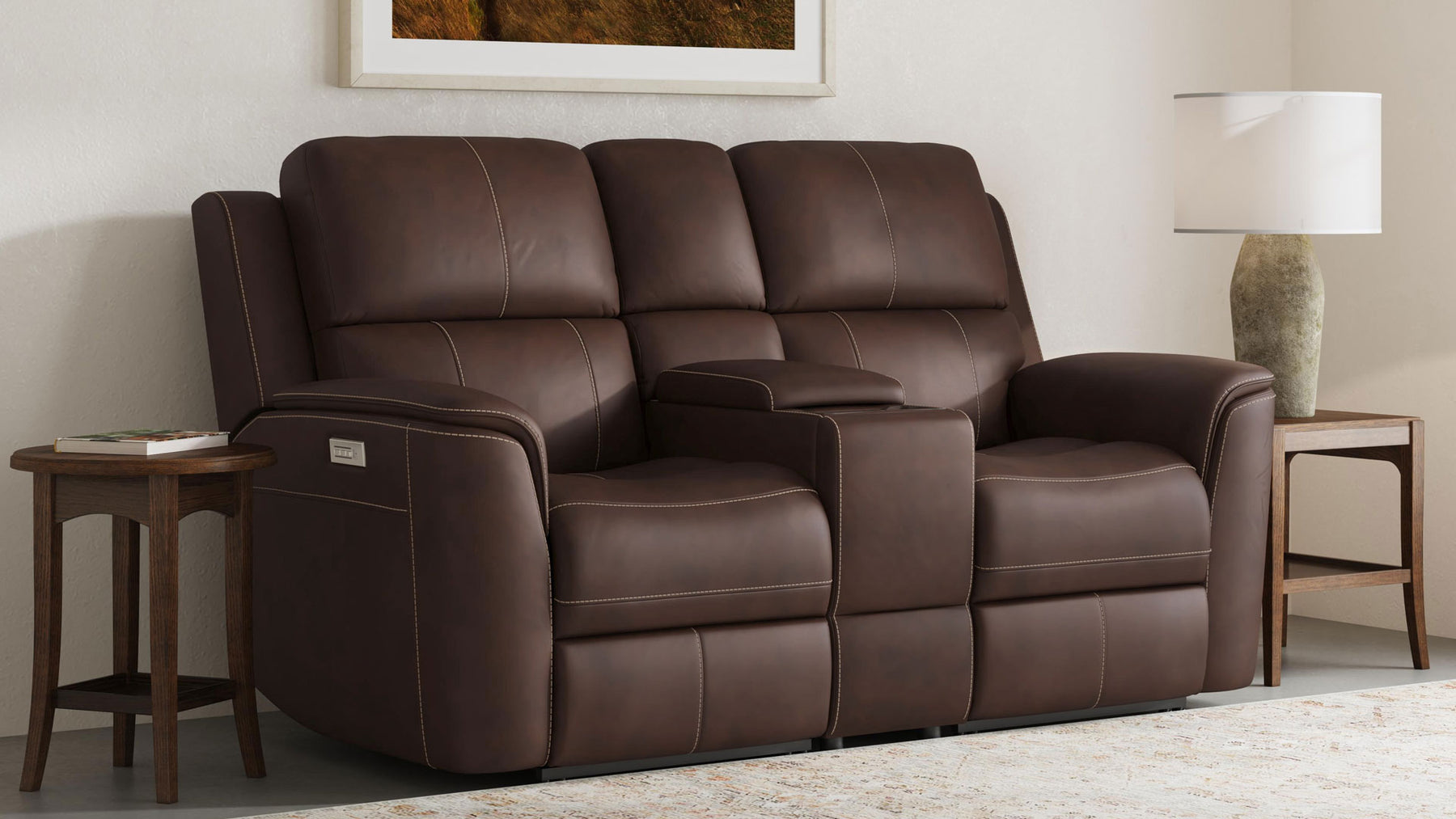 Sofá reclinable doble Big Spring Umber Brown Leather P3 con consola