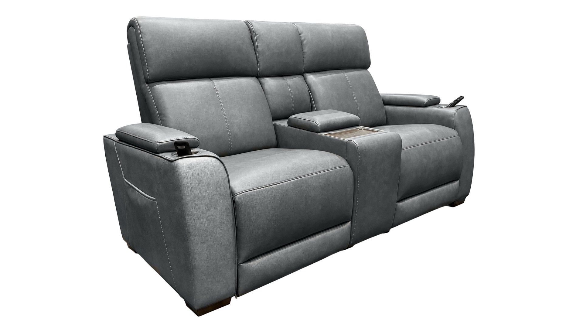 A gray two-seater reclining sofa with a center console table and side armrests, shown on a plain white background.