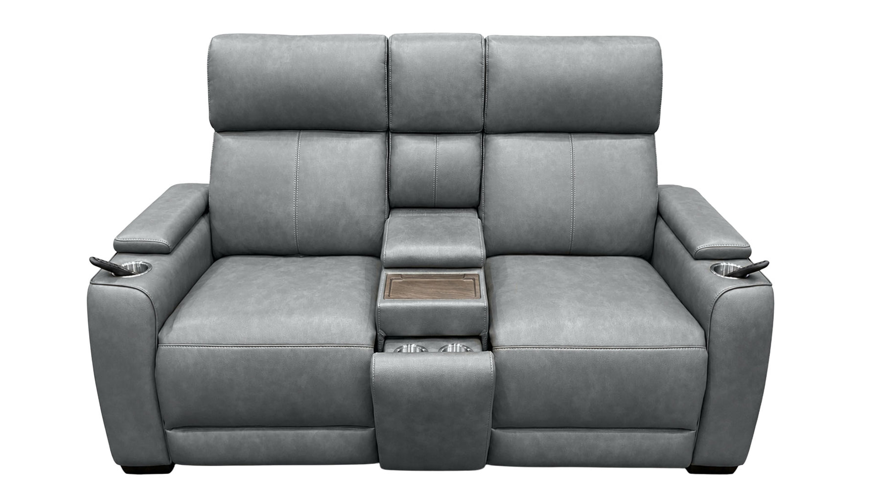 A gray upholstered reclining loveseat with a center console table, side cup holders, and remote controls, shown against a plain white background.