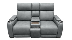A gray upholstered reclining loveseat with a center console table, side cup holders, and remote controls, shown against a plain white background.