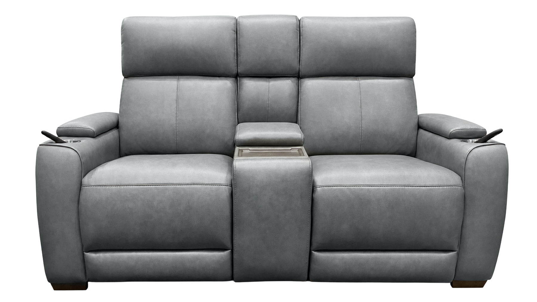 A gray upholstered reclining loveseat with a center console table, side cup holders, and dark wooden feet, shown against a plain white background.