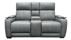 A gray upholstered reclining loveseat with a center console table, side cup holders, and dark wooden feet, shown against a plain white background.