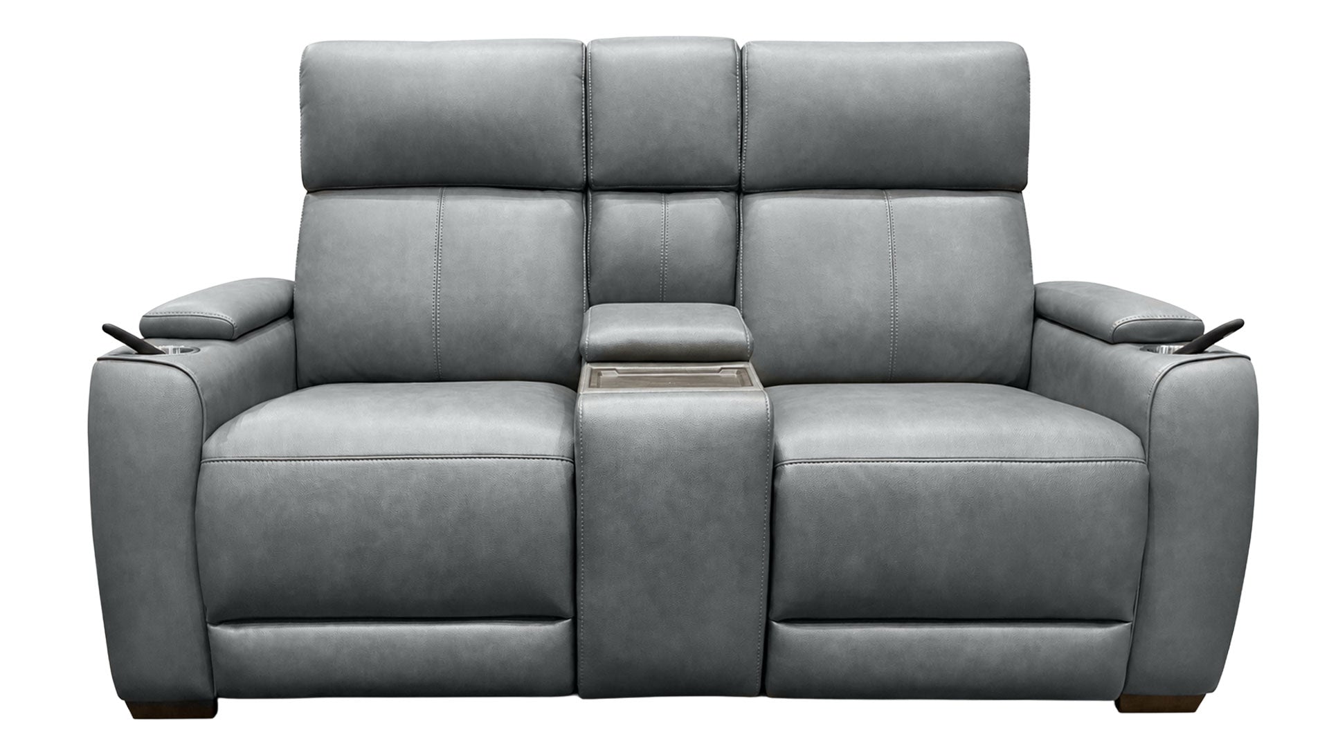 A gray upholstered reclining loveseat with a center console table, side cup holders, and dark wooden feet, shown against a plain white background.
