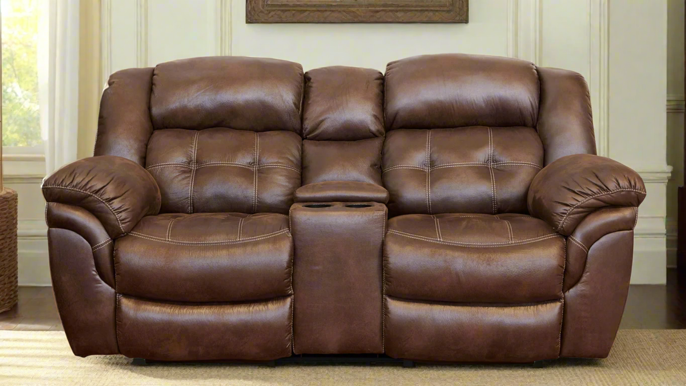 Marcelina Espresso Loveseat reclinable manual con consola