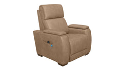 A tan leather recliner chair with a side pocket containing a remote control, shown against a plain white background.