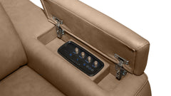 Close-up of a beige upholstered chair or sofa armrest with a hinged lid opening to reveal a built-in control panel with knobs and buttons.