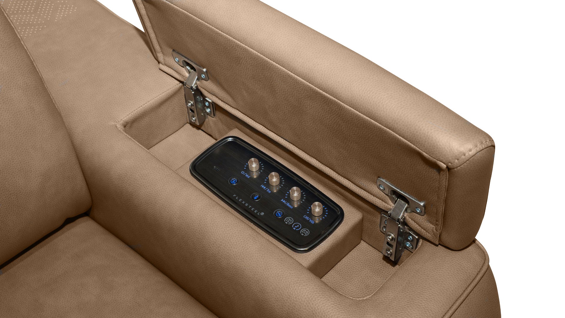 Close-up of a beige upholstered chair or sofa armrest with a hinged lid opening to reveal a built-in control panel with knobs and buttons.