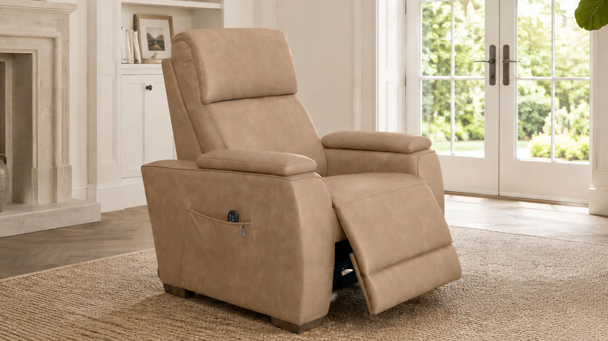 MacPulse P6 Tan Power Recliner with Immersive Sound | Performance Fabric | Gallery Furniture