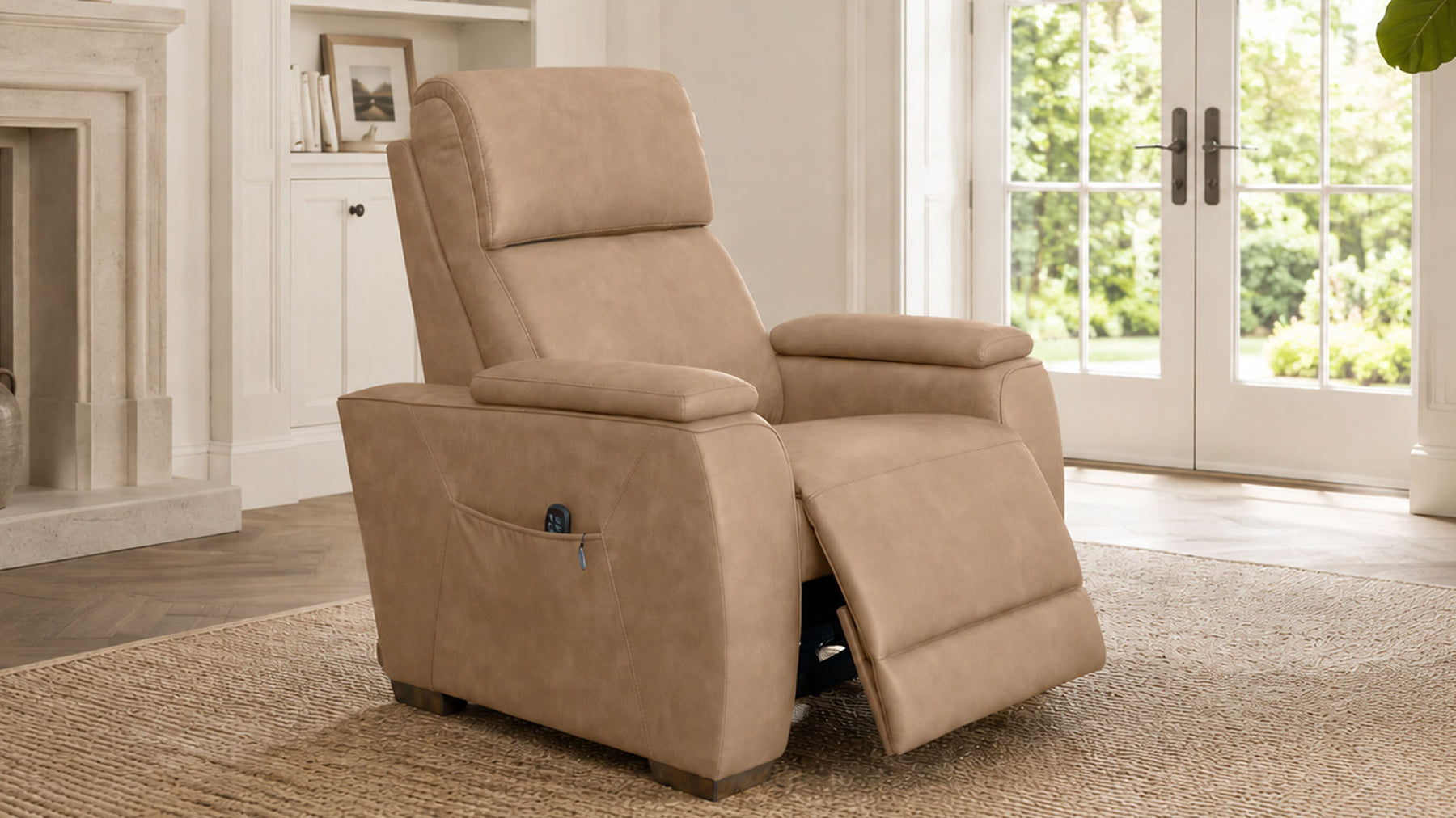 A beige upholstered recliner chair shown in a bright living room with a window, fireplace, and rug.