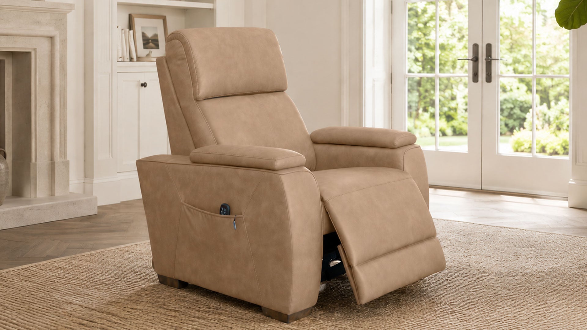 A beige upholstered recliner chair shown in a bright living room with a window, fireplace, and rug.