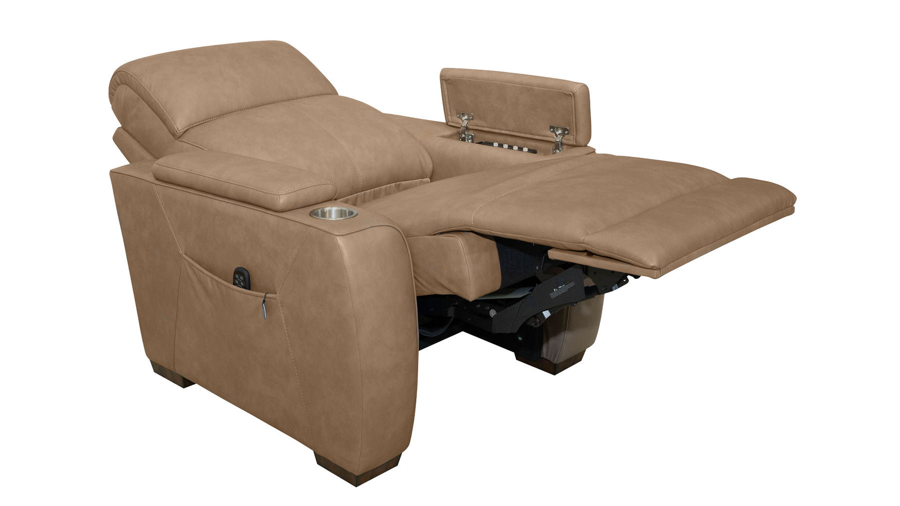 A tan upholstered recliner chair with the footrest extended, shown on a plain white background. The chair has side pockets and a cup holder, with a black mechanical base visible underneath the extended footrest.